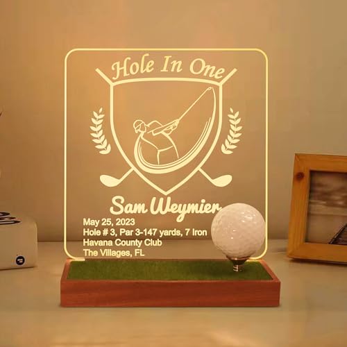 Hole in One Golf Ball Display Case, CoolGift Mart Personalized Light Up Golf Ball Holder Memorabilia Display and Storage, Wooden Acrylic Accessories with Warm White Color Lights, Gift for Golfers