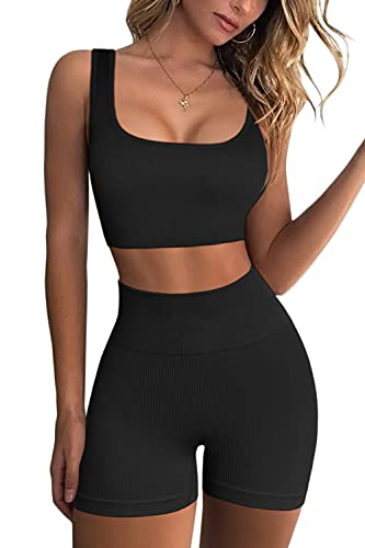 QINSEN Yoga Outfits for Women 2 Piece Set,Sexy Low Square Neck Stretchy Sport Bra Booty Short 03Black S