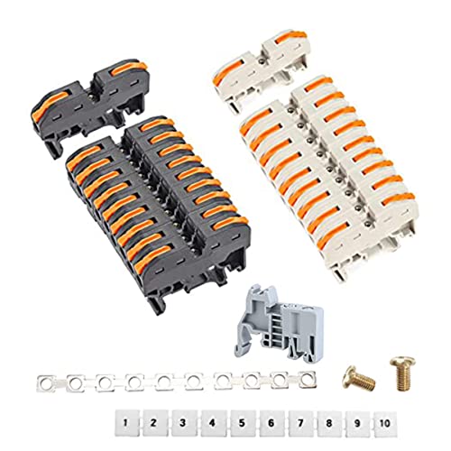 UOHGDPY DIN Rail Terminal Blocks kit,Universal Compact Wire Wiring Connector (20 pcs connectors+2 pcs Article in Parallel+ 2 pcs Digital Identification+2Pcs Fixed clamp+20 pcs Screw)