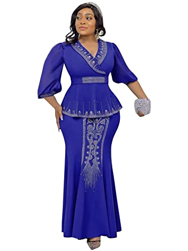 Royal Blue African Wedding Guest Dress Two Piece Outfits Skirt for Women Plus Size Long Sleeve Full Length Masquerade Ball Gowns Royal Blue XL