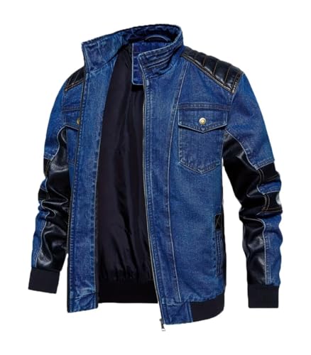 INVACHI Men's Denim & PU Leather Biker Jacket Vintage Motorcycle Jean Jacket with Leather Patchwork