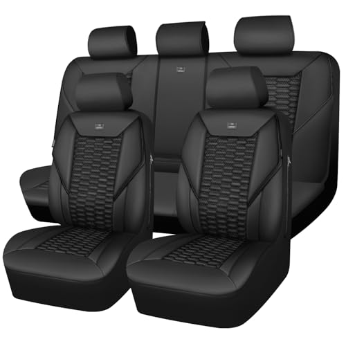 CAR PASS 3D Foam PU Leather Car Seat Covers Full Set,Luxury Breathable Faux Leather Seat Covers for Car,Anti Slip Universal Fit for SUVs Vans Sedan Truck Automotive,Armrest Airbag Compatible All Black