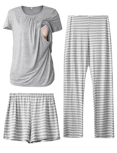 SUNNYBUY Womens Maternity Nursing Pajamas Set, Short Sleeve Breastfeeding Shirts，Pregnancy Shorts & Pants 3 Piece Nursing PJS, Grey&Stripe M