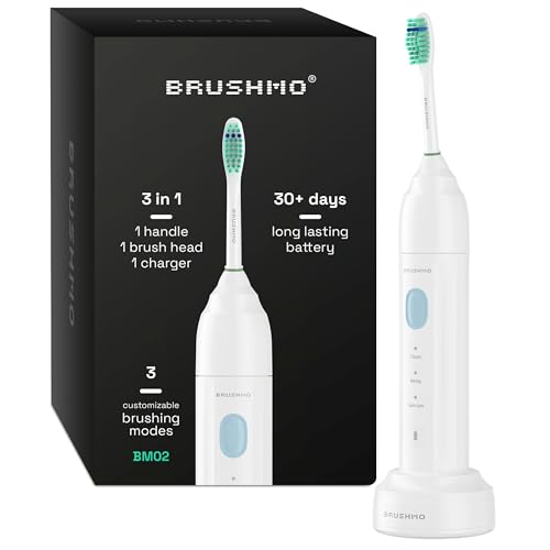 Brushmo e-Series Electric Sonic Toothbrush - Rechargeable Screw-On Electronic Tooth Brush for Adults with 3 Modes & Timer - IPX7 Waterproof, Long-Lasting Battery & Wireless Charging Base - White