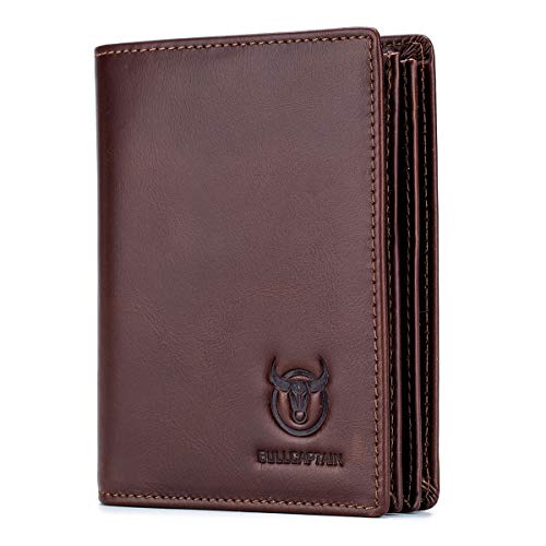 BULLCAPTAIN RFID Blocking Bifold Wallet For Men Genuine Leather Extra Capacity Travel Wallet with 2 Cash Compartments QB027 (Coffee)
