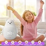 GANGULITO Smart Kids Alarm Clock Lamp App Control Toddler Sleep Trainer with Green Night Light All-in-one OK to Wake Rechargeable (Silicone White Teddy Bear)