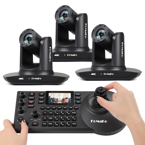 FoMaKo 4K PTZ Camera HDMI AI Auto-Tracking PTZ Camera 4K 20X Optical Zoom(3pcs), PTZ Controller PoE 3" LCD Screen Preview for Church Worship Education Conference Events, PTZ Bundle K20UHx3+KC608