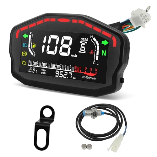 MH Motorcycle Speedometer Tachometer Digital MPH/KM Speed Gauge Fuel Indicator 6 Gear 14000r/min Multi-Function Odometer