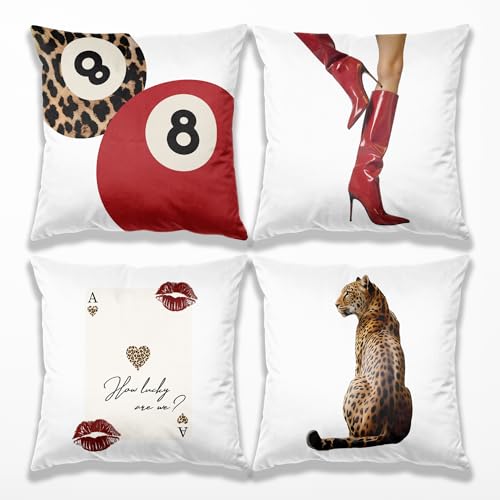 TopXmai Trendy Red Fashion Leopard Print Preppy Pillow Covers 18x18 Set of 4, Funky Y2K Coquette Preppy Cheetah Lucky 8 Ball Ace of Hearts Poker Aesthetic Pillow Covers for Girls Room Dorm Apartment