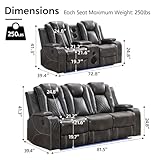 Power Recliner Sofa Set with Bass Speaker for Living Room,Faux Leather 3 Seater Reclining Sofa and Loveseat Seating Couch w/ Wireless Charger,Reading Light,LED Lights,Home Theater Love seat Sets, Grey