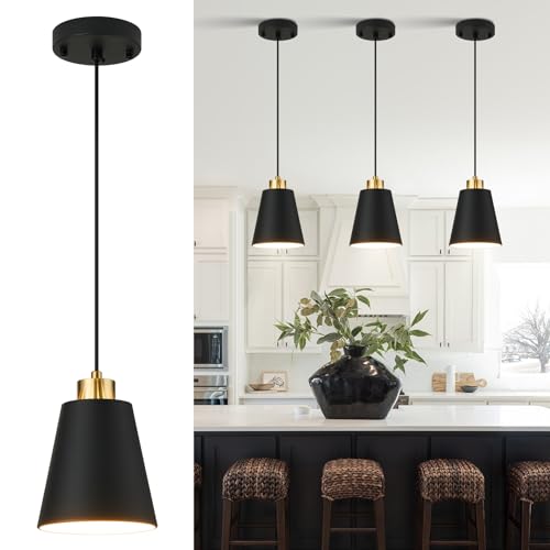 LAMKNVS Matte Black Mini Pendant Light 7.87in Cone Kitchen Island Pendant Lighting with Gold Modern Hollow Shade Hanging Light Fixture for Kitchen Dining Room Bar 63" Adjustable Cord, 1 PCS