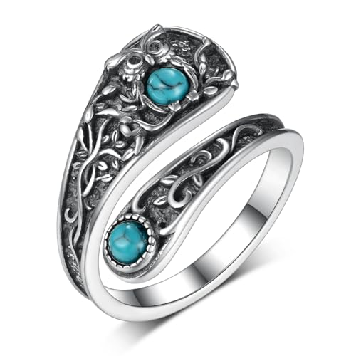 qielizhu Owl Ring 925 Sterling Silver Turquoise Owl Spoon Ring Adjustable Thumb Rings Vintage Owl Jewelry Gifts for Women