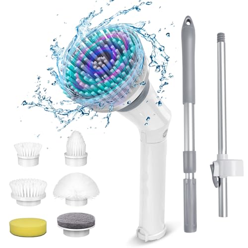 Qimedo Upgrade Rechargeable Electric Scrubber for Cleaning, 45-inch Handheld Spin Scrubber with Extended Long Handle, Cordless Power Dish Scrubber with 6 Brushes for Bathtub Grout Tile Floor