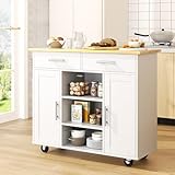 Shintenchi Kitchen Island with Storage, Kitchen Island Cart on Wheels with 3 Open Shelves, 2 Drawers and 2 Cabinets, Rolling Kitchen Table with Large Countertop, White