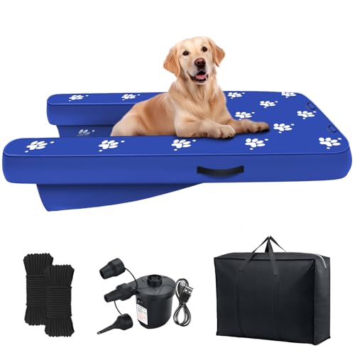 NGNFZQ Inflatable Dock Platform with Electric Pump, Dog Boat Ramp Floating Non-Slip Oxford and PVC with Water Ramp for Dogs Pool, Dock, Lake with Traction Rope Blue (4.7ft x 3ft x 6in)
