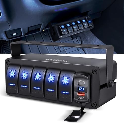 Nilight 5 Gang Rocker Switch Box 12V SPST ON Off Switches PD Type C and QC 3.0 USB Charger Voltmeter Waterproof Aluminum Panel DIY Stickers for Boats Cars RVs Trucks