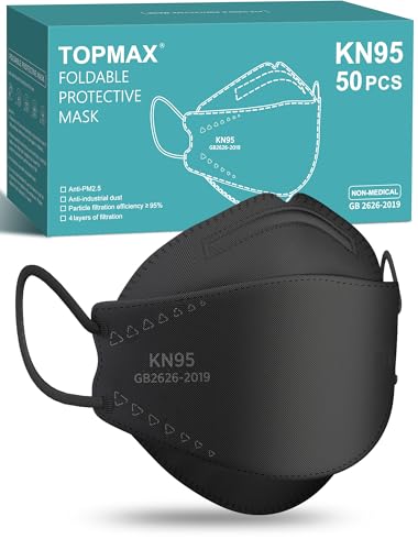 TOPMAX KN95 Face Masks 50 Pack for Adults, Breathable and Comfortable KN95 Mask with Elastic Ear Loop, Filter Efficiency≥95%, Black