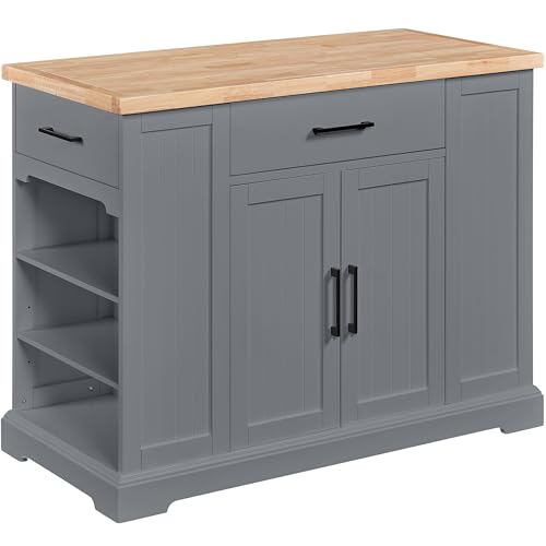 Yaheetech Rolling Kitchen Island with Thicker Rubberwood Countertop, Kitchen Cart on Hidden Wheels with 3 Drawers & Open Shelves, Storage Cabinet w/Inner Adjustable Shelves for Dining Room, Dark Gray
