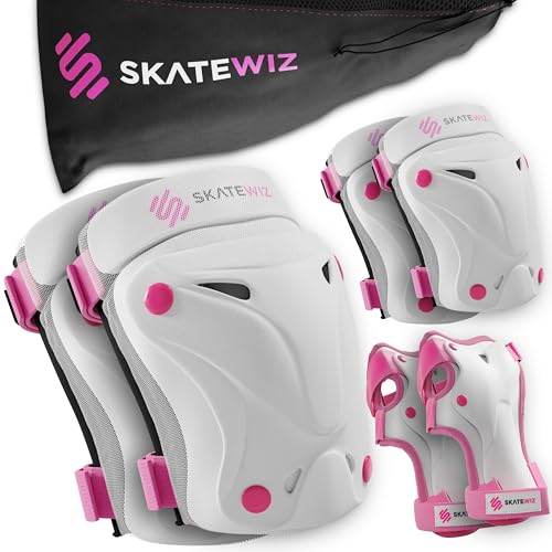 SKATEWIZ Knee and Elbow Pads Adult - Skating Protective Gear, Knee Pads and Elbow Pads Set - PROTECT-1 - Size L Pink White - Knee and Elbow Pads for Women, Elbow and Knee Pads Adult, Skate Gear