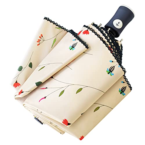 Cuby UV Sun Umbrella Compact Folding Travel Umbrella Auto Open and Close for Windproof, Rainproof & 99.9% UV Protection Parasol with Black Anti-UV Coating (Flowers)