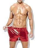 Casey Kevin Men's Holographic Metallic Short Sparkly Shiny Short Pants Rave Outfit Hot Shorts with Pockets and Drawstrings (A4-Red,Medium)