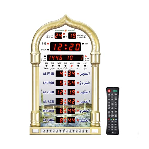 JUYYTUK Al-Harameen Digital Prayer Azan Wall Clock for USA Muslim for Home with Automatic Athan Prayer Alarm(Gold)