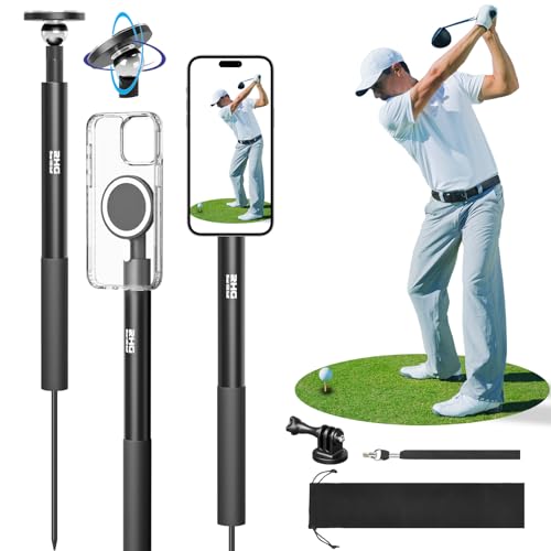 Golf Monopod Stick, Golf Swing Phone Holder, 46" Magnetic Aluminum Alloy Selfie Stick w/Spike Stake Mount, Compatible w/iPhone Camera Magsafe, Adjustable Heigh Tripod, Golf Training Aid