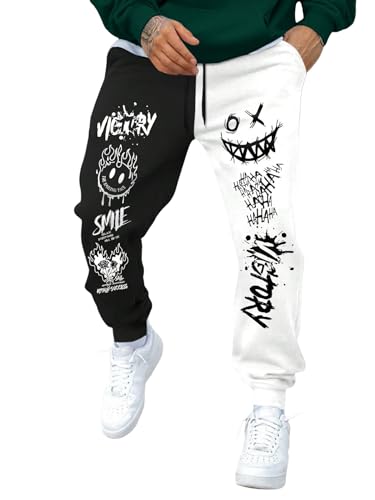 WDIRARA Men's Cartoon Letter Graphic Sweatpants Color Block Drawstring Waist Jogger Pants with Pockets Black and White S