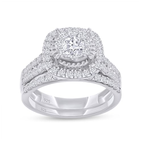 Bridal Set Rings For Women, 1.00 Carat (ctw) Lab Grown Diamond Halo Wedding Engagement Ring Set In 14K White Gold Over Sterling Silver Jewelry Gifts For Her-6.5