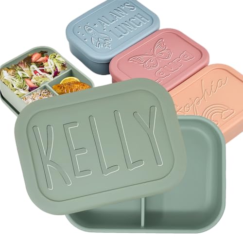 xrlsg Personalized Bento Box Custom Silicone Lunch Box Engrave Name Lunch Containers with 3 Compartment for Work Travel Microwave Freezer Dishwasher Safe