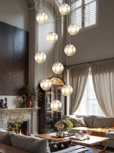 ykolupty Silver LED Staircase Chandelier 10-Light Clear Glass Ball Chandelier Dimmable Pendant Lights Large Chandeliers for High Ceilings, Entryway Modern Chandelier for Villas and Stairwell