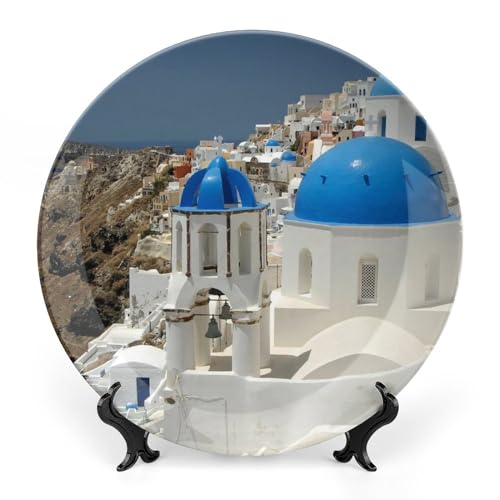 Santorin Greece Architecture Commemorative Decorative Plates for Wall Hanging Decor 10" Ceramic Holiday Party Wedding Collection Porcelain Plate with Display Stand Home Decoration