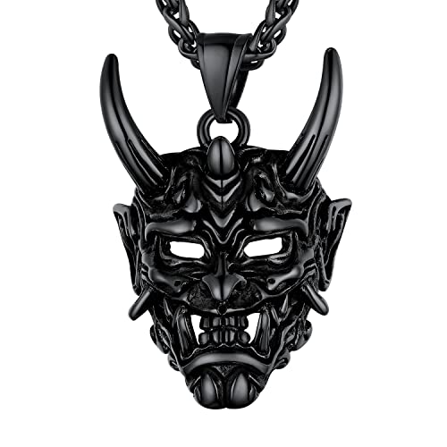 U7 Devil Punk Pendant Personalized Black Metal Plated Stainless Steel Gothic Jewelry Demon Horn Hannaya Mask Necklace for Men Women