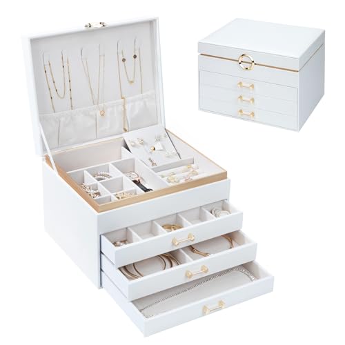 V-LAFUYLIFE Jewelry Box for Women,4-Layer Leather Jewelry Holder Organizer with 3 Drawers Large Jewelry Storage Boxes, Lots of Storage Space For Ring,Necklace,Bracelets,Earring（White）