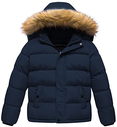 CREATMO US Boy's Parka Bubble Outerwear Jacket Down Puffer Winter Coat With Faux Fur Hood Navy 4/5