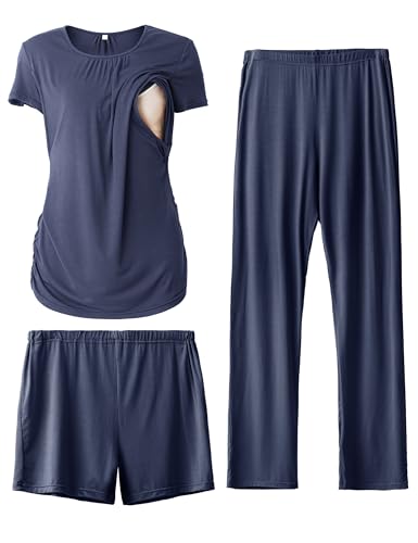 SUNNYBUY Womens Maternity Nursing Pajamas Set, Short Sleeve Breastfeeding Shirts，Pregnancy Shorts & Pants 3 Piece Nursing PJS, Navy L