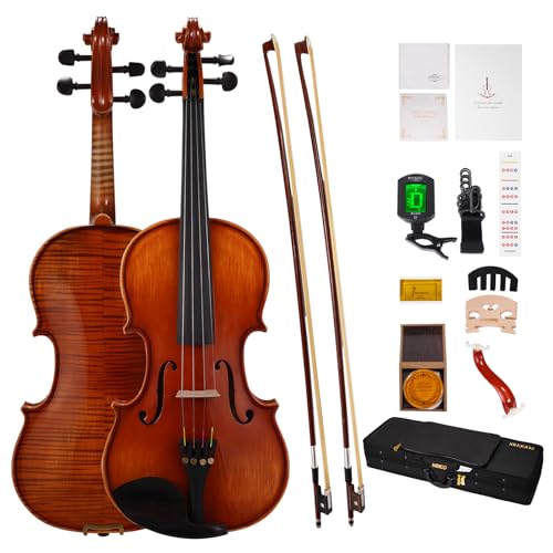 PHOENIX Violin 4/4 Full Size Set, Fiddle Solid Wood for professional Beginners Adults Kid with Ironwood Octagonal Bow & Rosewood Bow Extra strings & Bridge, 2 Rosins, Tuner, Mute, Case (Natural, Full)