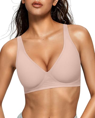 OEAK Womens Deep V Bras Wireless Comfortable Bra Supportive No Underwire Bras Tshirt Push Up Bralettes Plunge Seamless Bra Nude L