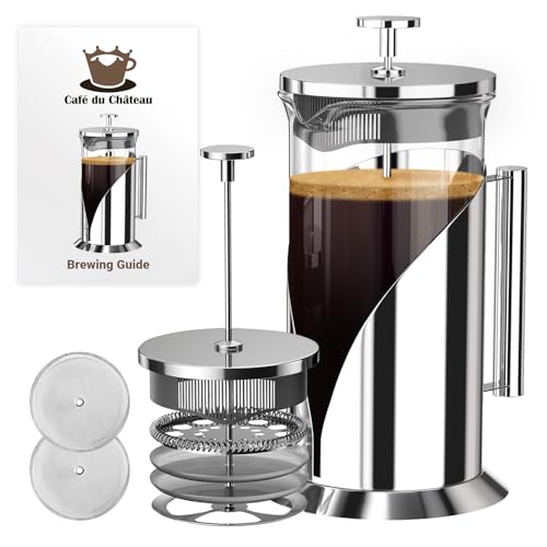 Cafe Du Chateau Stainless Steel French Press Coffee Maker - 34oz Insulated Coffee Press with 4-Level Filtration, BPA Free, Durable Glass, Great for Tea