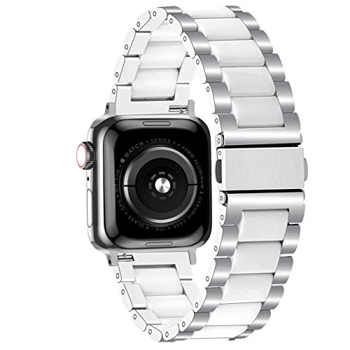 Juntan Silver Stainless Steel White Ceramic Watch Band Compatible with Apple Watch 42mm 44mm 45mm for iWatch SE Fashion Womens Mens Wristband Replacement Bracelet Metal Clasp Series 6 5 4 3 2 1 Sport