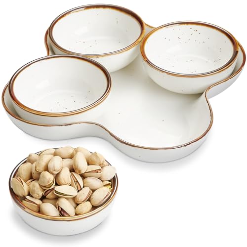 ONEMORE Chip and Dip Serving Set, 8.5 inch Speckled Ceramic Divided Serving Platter Small Appetizer Tray with 4 Removable Dishes for Nuts, Candy, Snacks, Veggies, Rustic Serving Bowls for Entertaining