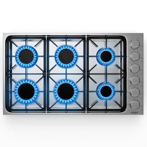 COSTWAY 36-inch Gas Cooktop, Stainless Steel Gas Stove Top with 6 Burners, ABS Knobs and Cast Iron Grates, NG/LPG Convertible Gas Range Top with Sealed Burners for Kitchen, Easy to Clean, Silver