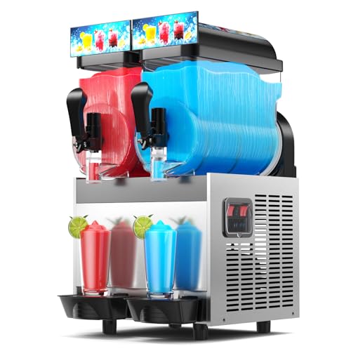 8 Gal/30 L Commercial Slushy Machine with LED Light, 15L×2 Tanks Commercial Frozen Drink Machine, Stainless Steel Margarita Slushie Maker, Quick Making, for Wine Cocktails, Daiquiri Juice, Coffee