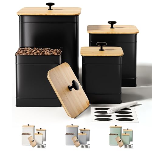 Kitchen Canisters for Countertop Set of 4 with Customizable Chalkboard Labels & Marker Pen - Big Iron Kitchen Canisters with Airtight Lids - Black Canister Set - Flour and Sugar Containers Farmhouse