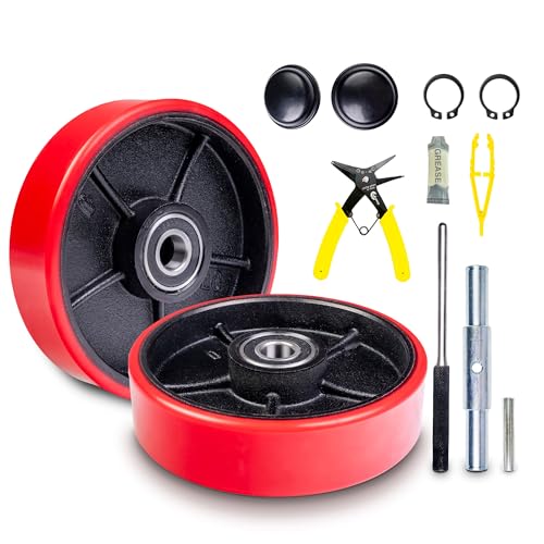 Pallet Jack/Truck Steering Wheels Set with Axle, Fasteners and Protective Caps (4 pcs) 7" x 2" with Bearings ID 20mm Poly Tread Red, Tool Kit Included