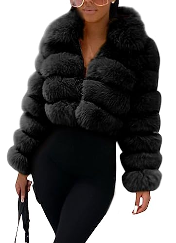 loveimgs Women Fluffy Faux Fur Coat Cropped Jacket Puffer Jacket Zip Up Winter Warm Fuzzy Teddy Jacket (Large,Black)