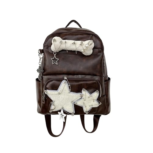 KANGDAWEI Cute PU Backpack Preppy, Y2K Star Vintage Fashion Bookbag, Aesthetic Emo 2000s Backpack for Women Men Casual Bag