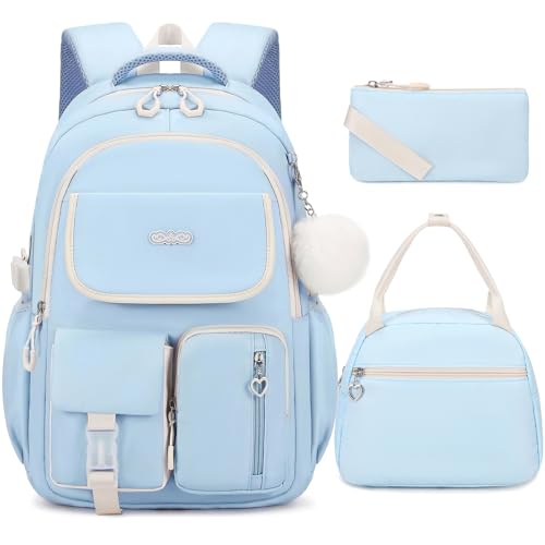 DIGOBAY Backpacks for Girls, 3PCS School Backpack with Lunch Box Pencil Pouch for Teen Girls Kids Elementary Primary Middle High College Travel School bag Bookbag Set （Blue）