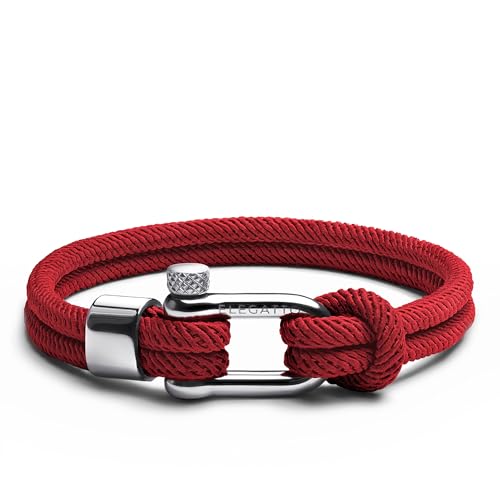 Elegatto Alchor Platinum Rope Bracelet for Men | Premium Nylon Marine Cord with Silver Polished Stainless Steel Shackle Closure | Water Resistant | Men’s Designer Bracelets | Red Extra Large