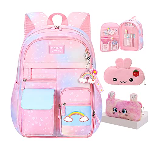 Jcobvig Rainbow Backpack For Girls Kids,Cute Student School Backpack With Pen Bag,Pink Aesthetic Starry Rainbow Laptop Travel Bag (Pink Medium 16.5in